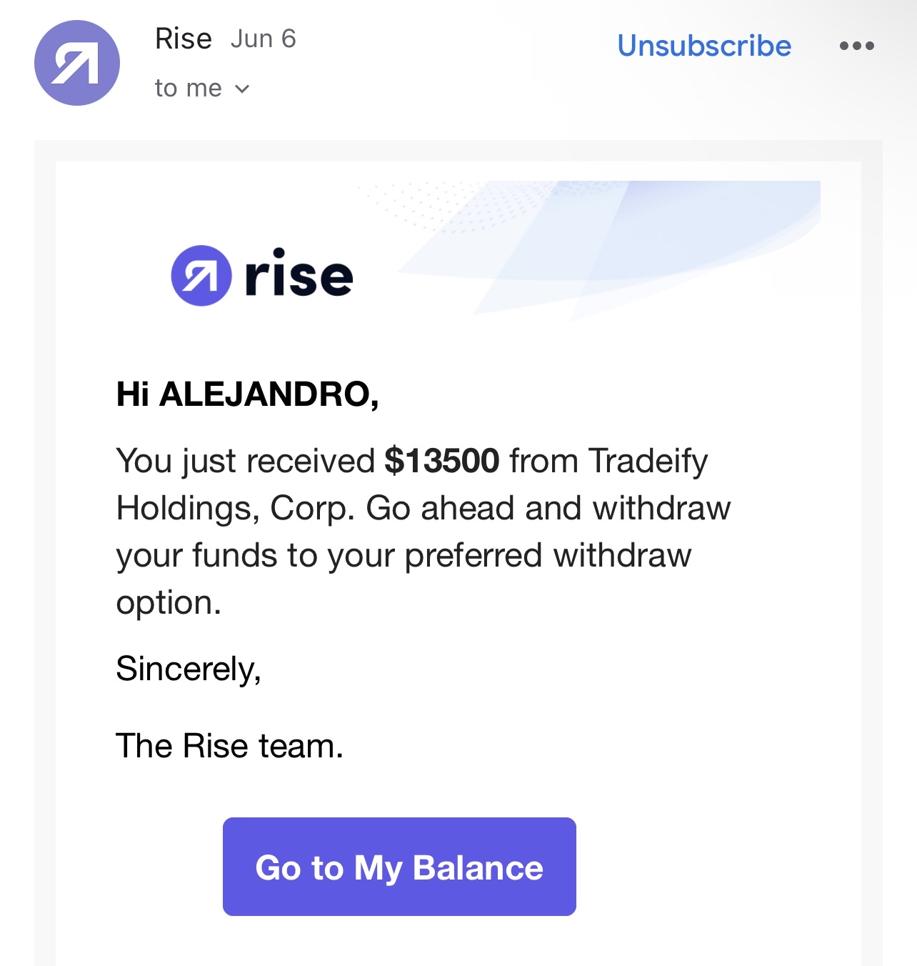 Tradeify payout email showing $13,500